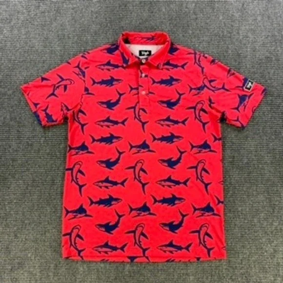 Waggle Golf Polo Shirt Mens Small Red Navy Blue Shark Print Performance Stretch - Picture 2 of 11
